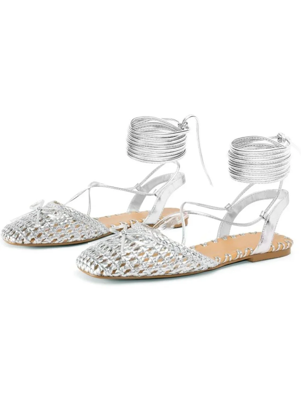 Women's Woven Silver Ballet Flats Lace Up Closed Square Toe Summer Dressy Sandal